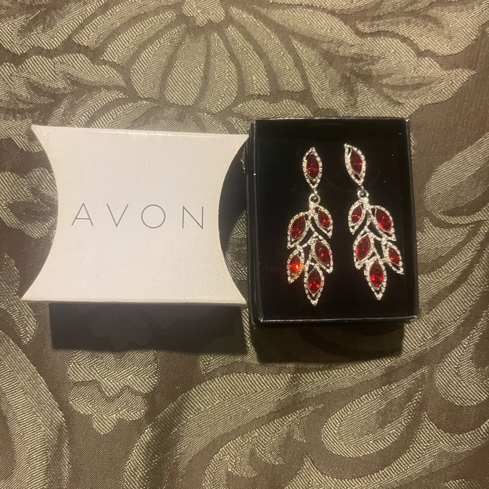 Avon Red and Silver Leaf Drop Earrings